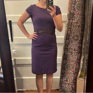 Theory V-Back Dress with Faux Leather Belt, Purple, Size P